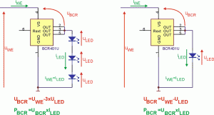 Rys. 3. Schematy aplikacyjne BCR401U (z lewej – zasilany
łańcuch LED, z prawej – zasilana pojedyncza LED) Rys. 3. Schematy aplikacyjne BCR401U (z lewej – zasilany łańcuch LED,
z prawej – zasilana pojedyncza LED)