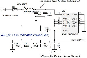Rys. 3. Fragment schematu elektrycznego 
ilustrujący sposób włączenia zworki w obwód zasilania mikrokontrolera zastosowanego w STM32 Value Line Discovery